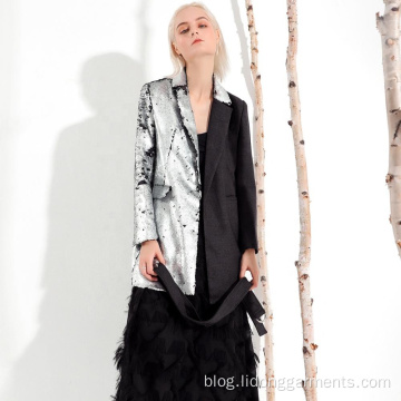 High Quality Slim Style Silver Sequin Women Coat